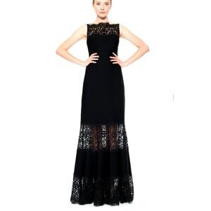 Tadashi Shoji Pintuck Jersey Boatneck Gown in Black with Lace Inserts Size M